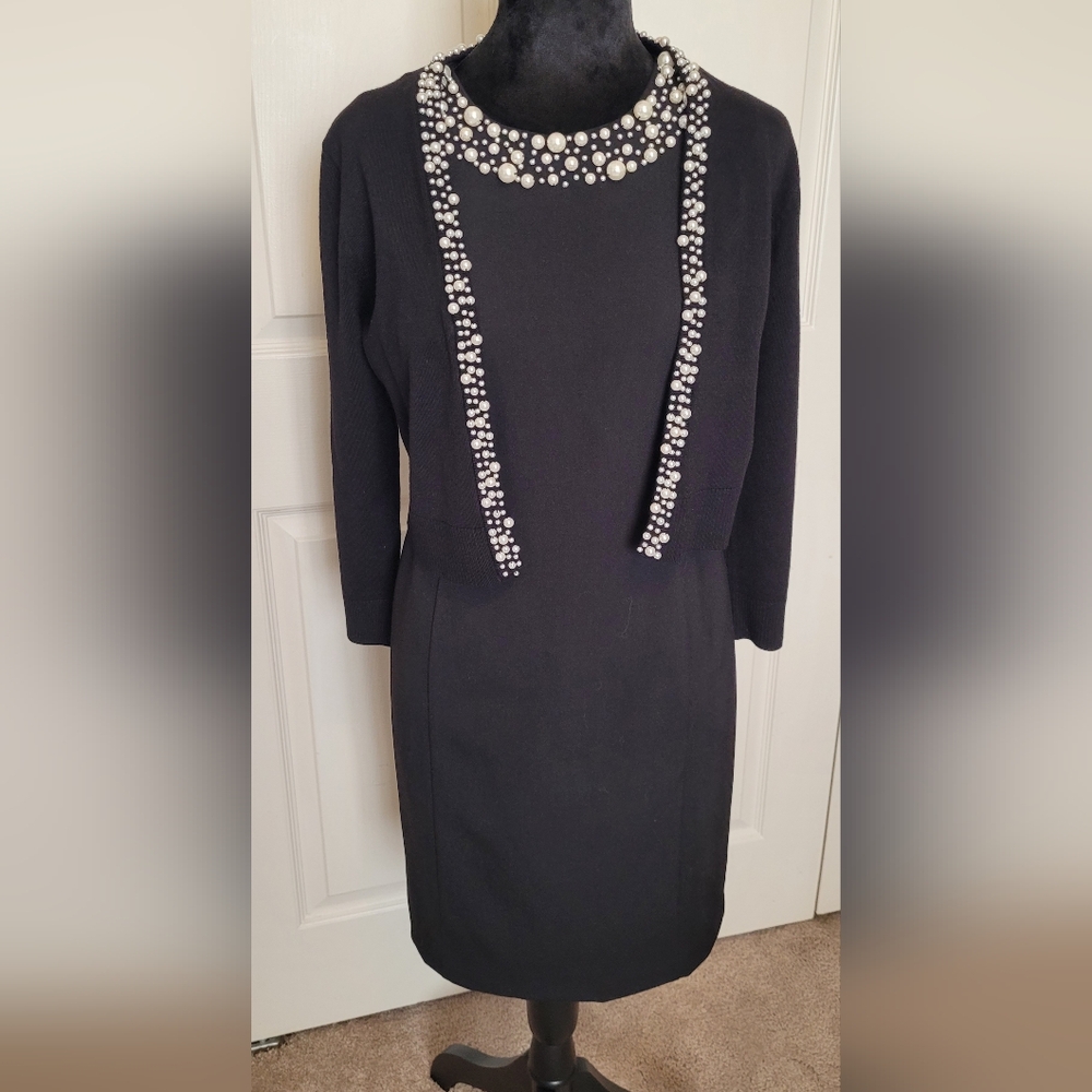 Calvin Klein Black Sheath Dress Pearl Necklace Sweater Cover Up Size 4P